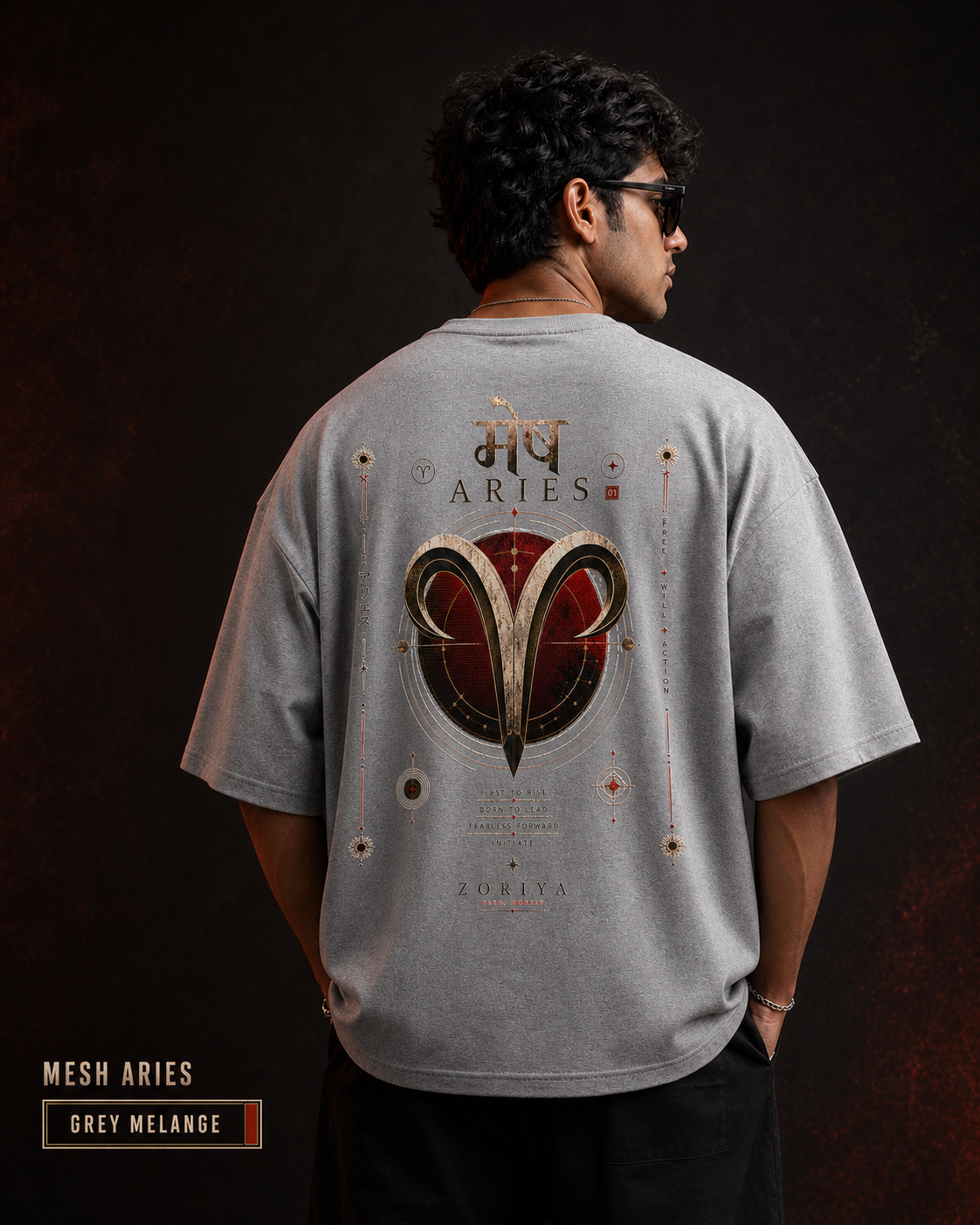 Aries Printed Oversized T-Shirt – Mesh Rashi Zodiac Tee