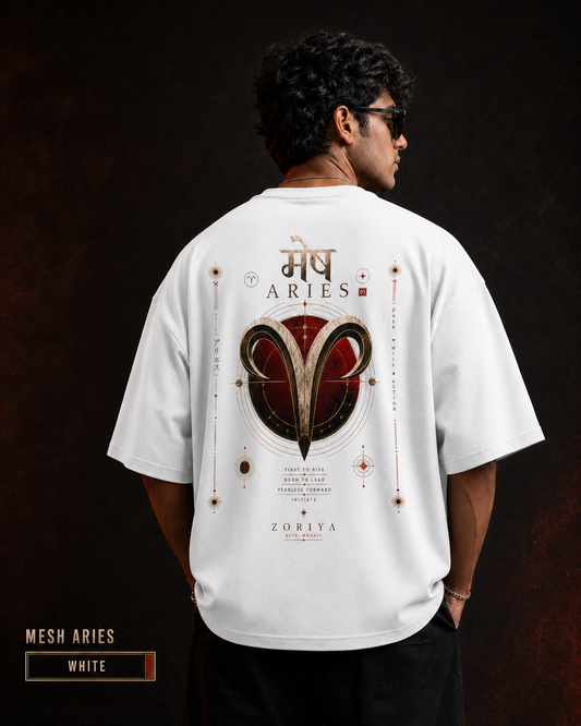 Aries Printed Oversized T-Shirt – Mesh Rashi Zodiac Tee