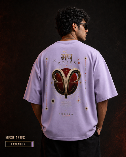 Aries Printed Oversized T-Shirt – Mesh Rashi Zodiac Tee