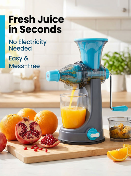 FAMOUS Plastic Portable Hand Manual Fruit Juicer Mixer Machine with Stainless Steel Handle and Waste Collector with Vacuum Locking System