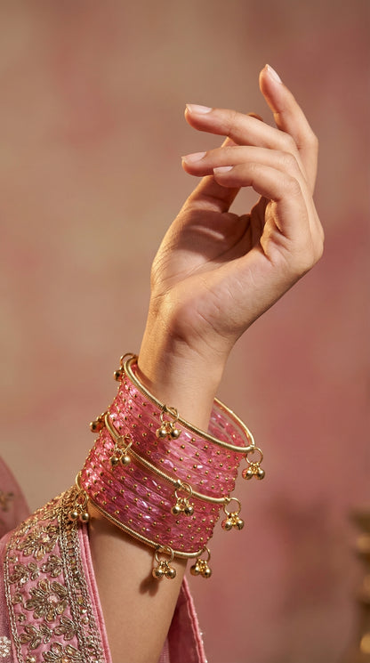 Stylish Baby Pink Kashmiri Glass Bangles Set for Women & Girls | 12 Glass Bangles with Golden Ghungroo Bangles (Pack of 4) |