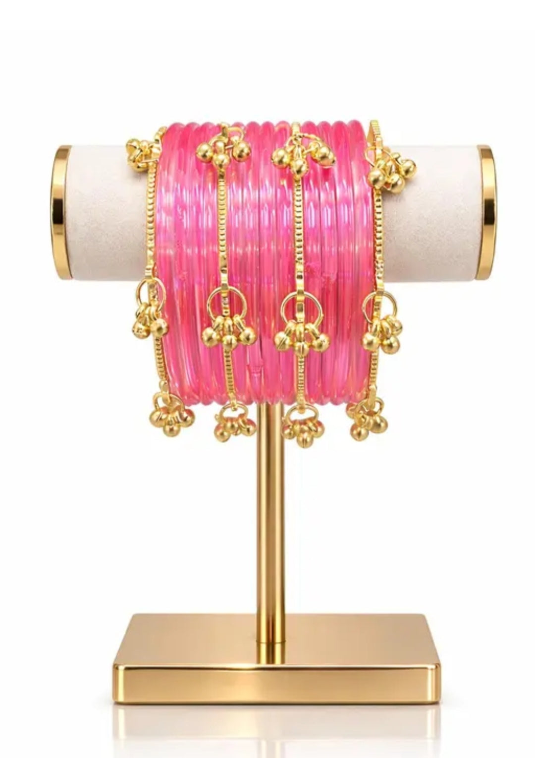 Stylish Baby Pink Kashmiri Glass Bangles Set for Women & Girls | 12 Glass Bangles with Golden Ghungroo Bangles (Pack of 4) |