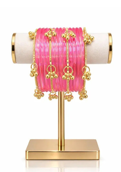 Stylish Baby Pink Kashmiri Glass Bangles Set for Women & Girls | 12 Glass Bangles with Golden Ghungroo Bangles (Pack of 4) |