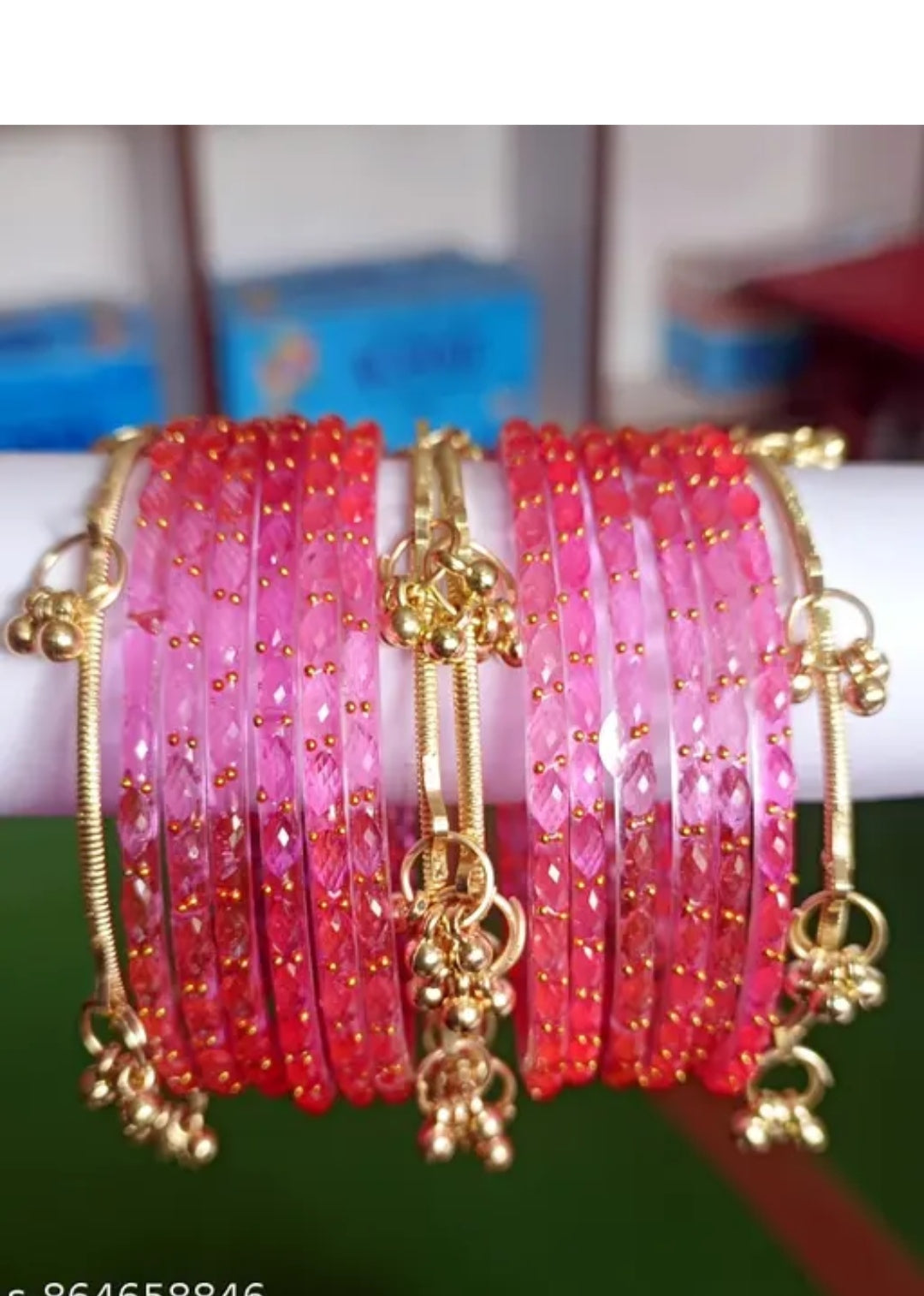 Stylish Baby Pink Kashmiri Glass Bangles Set for Women & Girls | 12 Glass Bangles with Golden Ghungroo Bangles (Pack of 4) |