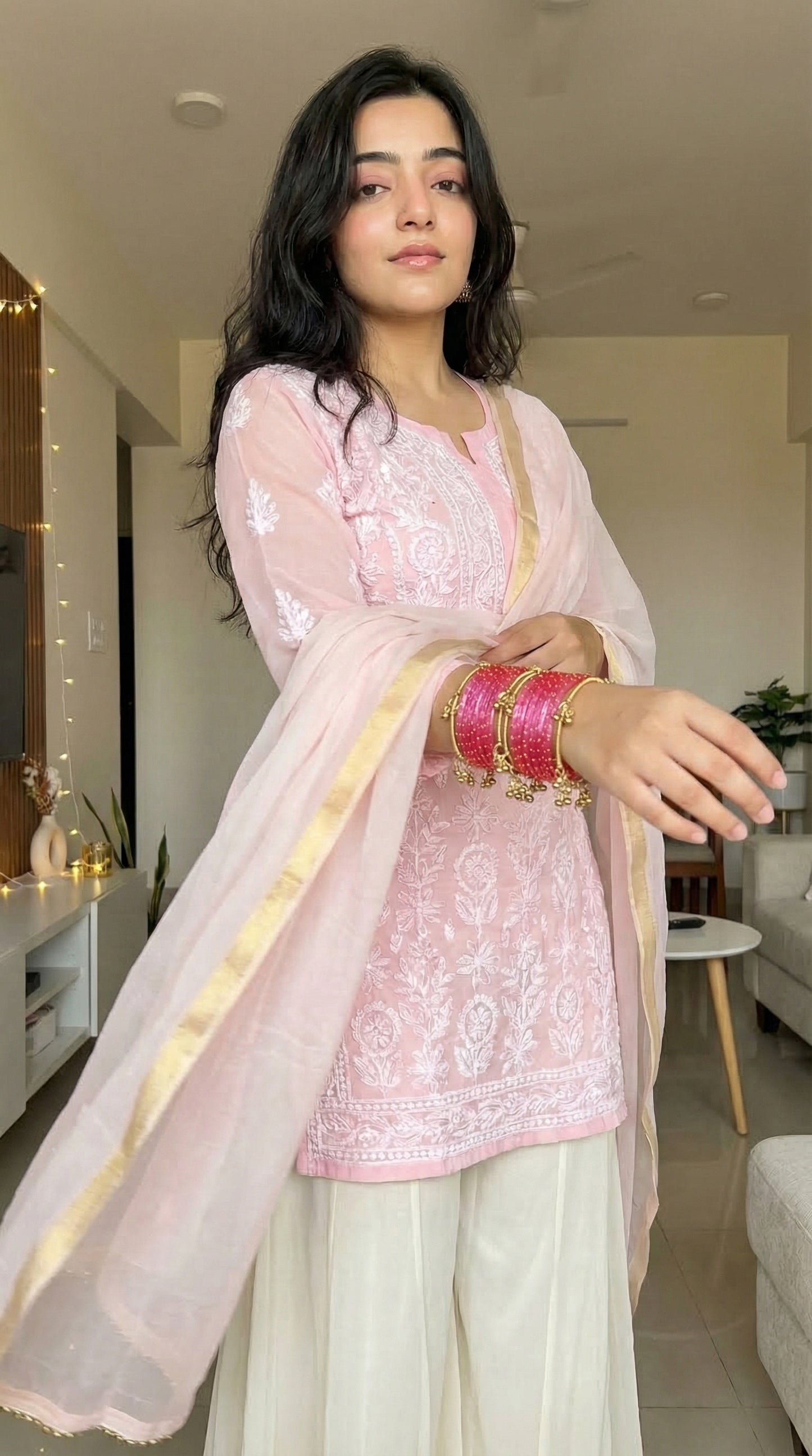Stylish Baby Pink Kashmiri Glass Bangles Set for Women & Girls | 12 Glass Bangles with Golden Ghungroo Bangles (Pack of 4) |